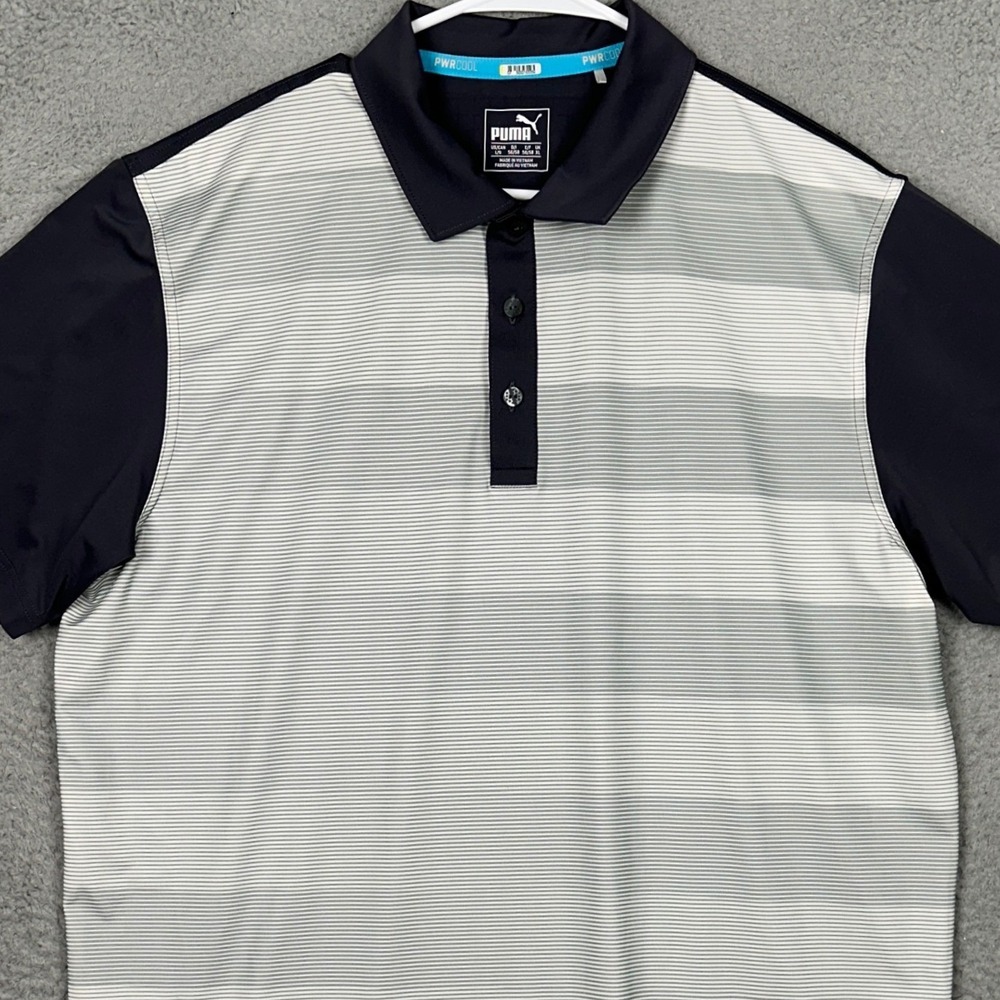 Puma Polo Shirt Mens Large Grey Striped Golf Performance Stretch Rugby Athletic